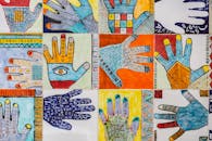 Vibrant collage of hand illustrations featuring geometric patterns on tiles.