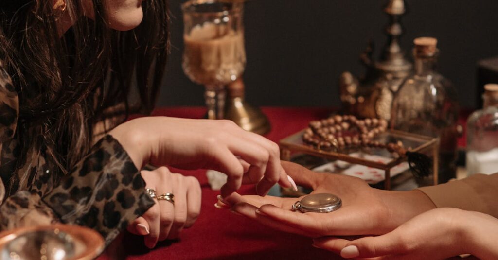 A woman conducts a fortune telling session with a crystal ball and candles, invoking mysticism.